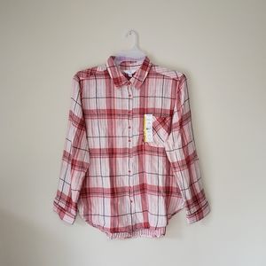 time and tru buttondown roll cuff casual top red